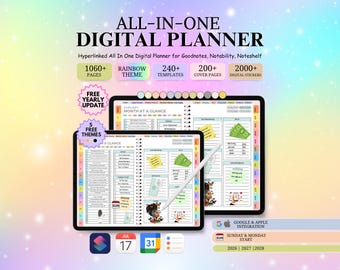 May include: Two digital planners on a colourful background. The larger planner displays a "Month at a Glance" page, while the smaller one shows a detailed layout. Text includes "ALL-IN-ONE DIGITAL PLANNER," "1060+ PAGES," and "RAINBOW THEME."