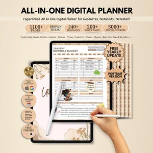 K&ouml;nnte beinhalten: Digitaler Planer mit braunem Thema, mit &uuml;ber 1100 Seiten, 240 Vorlagen und 200 Cover-Seiten. Enth&auml;lt &uuml;ber 5000 digitale Sticker. Der Planer ist f&uuml;r Goodnotes, Notability und Noteshelf konzipiert, mit Google- und Apple-Integration.