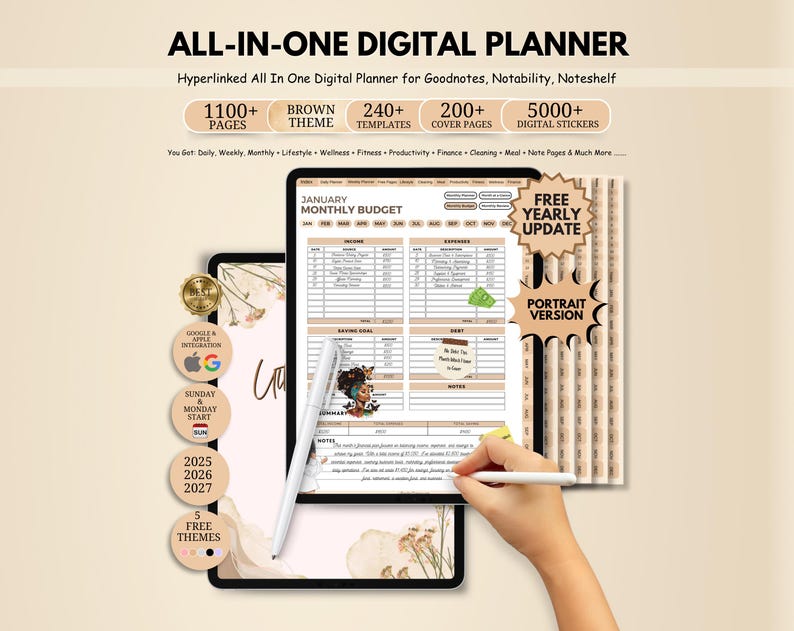 K&ouml;nnte beinhalten: Digitaler Planer mit braunem Thema, mit &uuml;ber 1100 Seiten, 240 Vorlagen und 200 Cover-Seiten. Enth&auml;lt &uuml;ber 5000 digitale Sticker. Der Planer ist f&uuml;r Goodnotes, Notability und Noteshelf konzipiert, mit Google- und Apple-Integration.