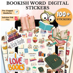 100 + Bookish Word Digital Stickers Pack, Bookworm Digital Stickers, Book Sublimation Bundle, Book Lover Clipart, Reading Goodnotes PNG