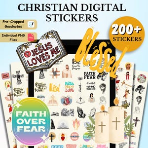 Puede incluir: Pegatinas digitales con temas cristianos. La imagen presenta una variedad de pegatinas con símbolos, frases e ilustraciones religiosas. El texto incluye "Jesus Loves Me", "Faith Over Fear" y "Blessed". Las pegatinas están disponibles como archivos PNG individuales.