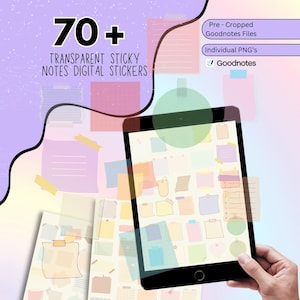 Op de afbeelding: Een digitale tablet toont transparante plaknotities in verschillende kleuren. De tekst op het scherm luidt "70+ Transparante Sticky Notes Digital Stickers". Extra tekst omvat "Pre-Cropped Goodnotes Files" en "Individual PNG's".