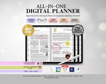 Puede incluir: Un planificador digital en una tableta, con el texto "ALL-IN-ONE DIGITAL PLANNER". El planificador incluye más de 1060 páginas, más de 240 plantillas y más de 2000 pegatinas digitales. Tiene un tema minimalista.