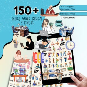 Może przedstawiać: Cyfrowe naklejki do pracy biurowej, z ilustracjami biurek, pracujących osób i artykułów biurowych. Obraz zawiera tekst "150+ OFFICE WORK DIGITAL STICKERS" i "Goodnotes". Naklejki są wstępnie przycięte i dostępne jako pojedyncze pliki PNG.