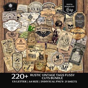 May include: A collection of over 220 rustic vintage tags with a spooky theme. The tags feature illustrations of skulls, bats, potions, and other Halloween-related imagery. The tags are printed on a wooden background.