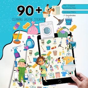 May include: Digital stickers for cleaning, featuring illustrations of cleaning supplies, a washing machine, and people doing chores. The image includes the text "90+ Cleaning Digital Stickers" and "Goodnotes". The background is light blue.