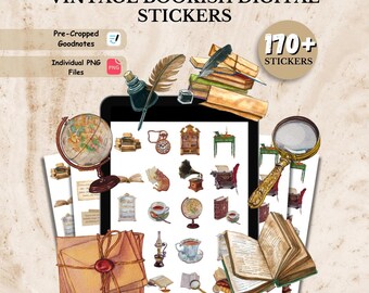 Puede incluir: Pegatinas digitales con temática de libros antiguos. La imagen muestra una tableta que muestra varias ilustraciones de libros, globos terráqueos, tinteros y otros objetos antiguos. El texto de la imagen dice "VINTAGE BOOKISH DIGITAL STICKERS" y "170+ STICKERS".