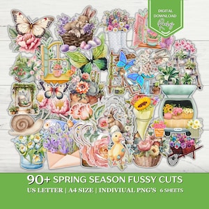 Puede incluir: Una colección de recortes minuciosos con temática primaveral, estilo acuarela. La imagen presenta mariposas, conejos, flores y elementos de jardín. El texto dice "90+ SPRING SEASON FUSSY CUTS" y "DIGITAL DOWNLOAD Rachy". Disponible en tamaños US Letter y A4.