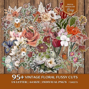May include: A selection of over 95 vintage floral fussy cuts featuring roses, tulips, and other flowers in various colors. The image includes the text "95+ VINTAGE FLORAL FUSSY CUTS". The digital download is available in A4 size.