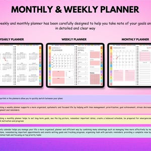 May include: A digital planner with the text "MONTHLY & WEEKLY PLANNER" at the top. The image shows yearly, weekly, and monthly planner layouts with pink accents. The text describes the planner's features and benefits.