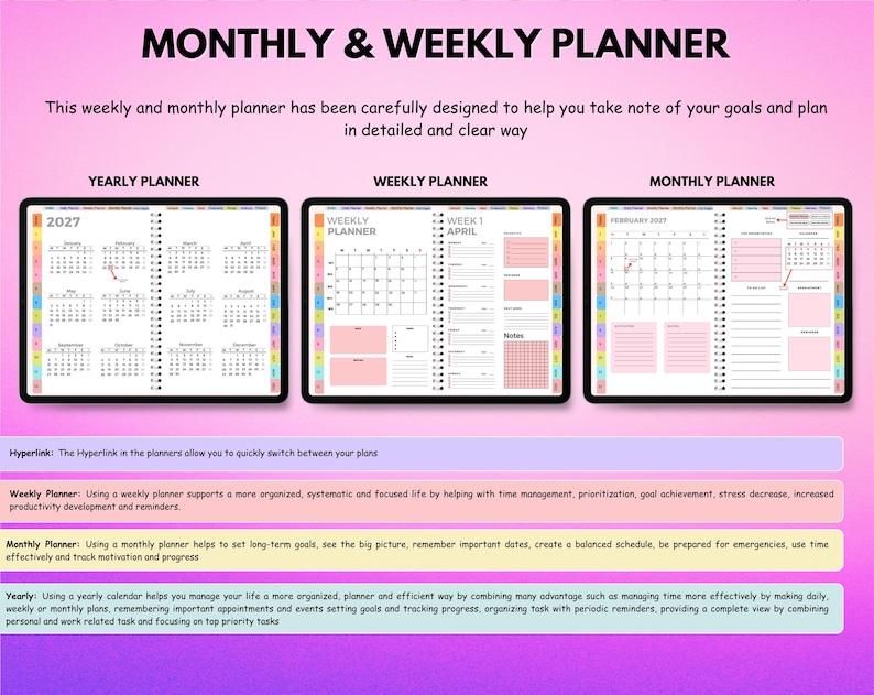 May include: A digital planner with the text "MONTHLY & WEEKLY PLANNER" at the top. The image shows yearly, weekly, and monthly planner layouts with pink accents. The text describes the planner's features and benefits.
