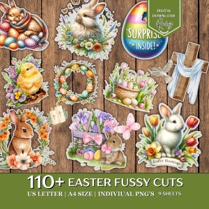 May include: A collection of Easter-themed fussy cuts on a wooden background. The images include bunnies, chicks, Easter eggs, floral arrangements, and a cross. Text includes "SURPRISE INSIDE!" and "Easter Blessings". The set includes 110+ fussy cuts.