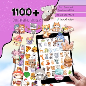 May include: A digital art graphic featuring over 1100 cute digital stickers. The stickers include various animals, food items, and other whimsical illustrations. The image also includes the text "Cute Digital Stickers" and "Goodnotes".