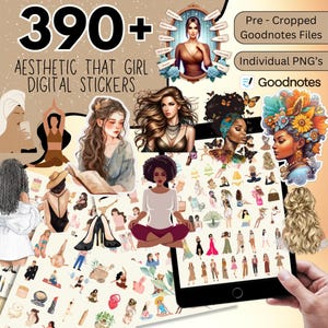 May include: A digital sticker pack with over 390 aesthetic stickers for Goodnotes. The stickers feature illustrations of women with different hairstyles, clothing, and accessories. The text "Aesthetic That Girl Digital Stickers" is displayed at the top of the image.