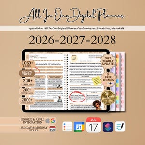 May include: A digital planner with a brown theme, featuring the text "All In One Digital Planner" and dates 2026-2028. The planner includes 1060+ pages, 240+ templates, 200+ cover pages, and 2000+ digital stickers. It integrates with Google and Apple.