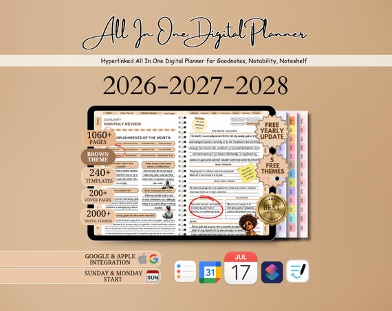 All-in-One Digital Planner 2026 2027 2028, Hyperlink Digital Planner, Daily Weekly Monthly Journal, Goodnotes Planner, Apple Google Calendar