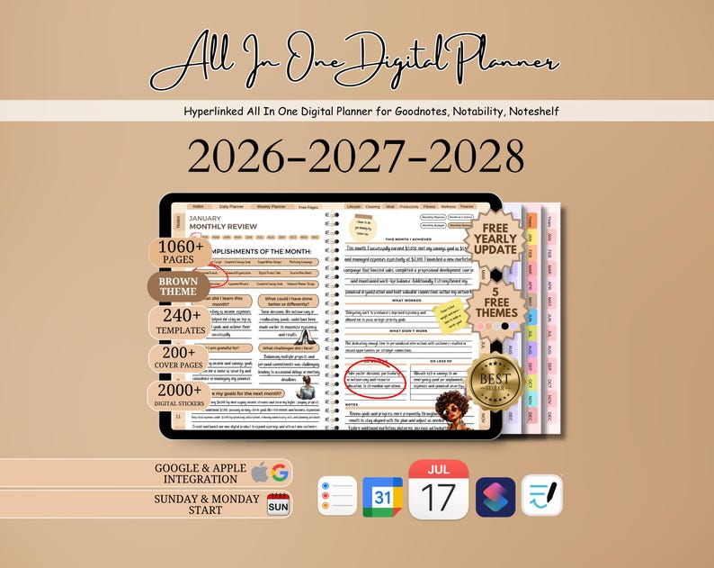 May include: A digital planner with a brown theme, featuring the text "All In One Digital Planner" and dates 2026-2028. The planner includes 1060+ pages, 240+ templates, 200+ cover pages, and 2000+ digital stickers. It integrates with Google and Apple.