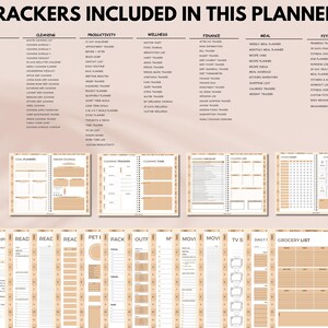 May include: A beige planner with various tracker categories: Lifestyle, Cleaning, Productivity, Wellness, Finance, Meal, and Fitness. The planner includes sections for travel, recipes, reading, and more. The text "TRACKERS INCLUDED IN THIS PLANNER" is at the top.