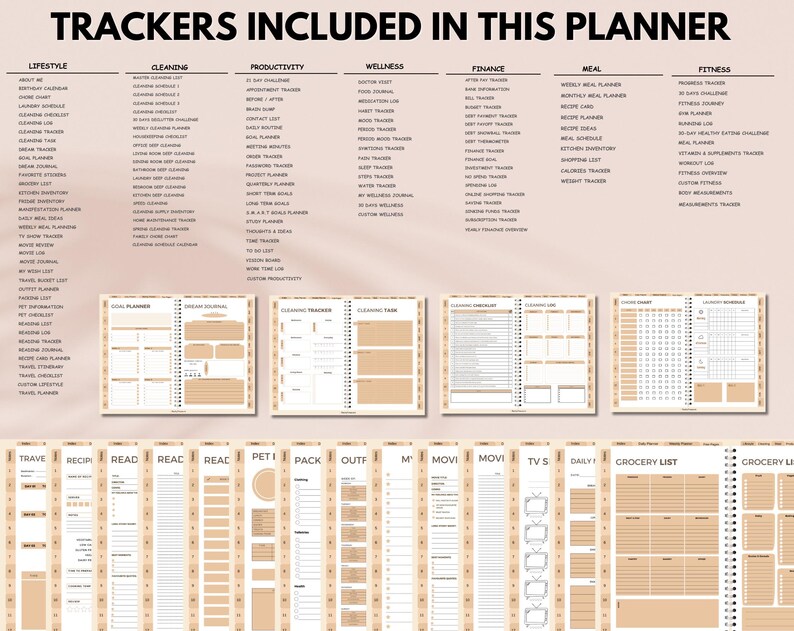 May include: A beige planner with various tracker categories: Lifestyle, Cleaning, Productivity, Wellness, Finance, Meal, and Fitness. The planner includes sections for travel, recipes, reading, and more. The text "TRACKERS INCLUDED IN THIS PLANNER" is at the top.
