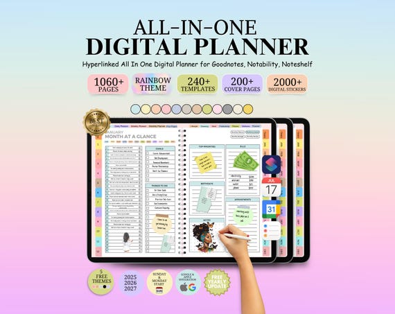 All-in-One Digital Planner 2026 2027 2028, Hyperlink Digital Planner, Daily Weekly Monthly Journal, Goodnotes Planner, Apple Google Calendar
