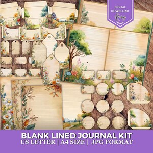 Blank Lined Junk Journal Kit, Printable Writing Pages, Vintage Notebook Paper, Floral frames,Fussy cuts, Tags, Aesthetic Ephemera Junk Sheet