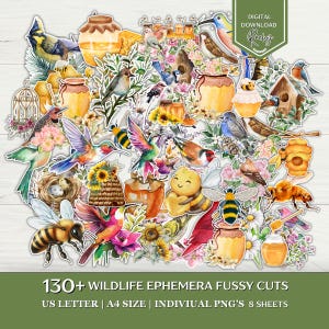 May include: A collection of watercolor-style wildlife ephemera, including birds, bees, honey pots, and flowers. The image features a variety of colorful birds, bees, and floral elements. Text at the bottom reads "130+ WILDLIFE EPHEMERA FUSSY CUTS". A digital download is available.
