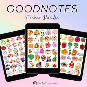 May include: Three black tablets displaying a sticker bundle for GoodNotes. The stickers feature colorful illustrations of food, animals, and other cute designs. The text "GOODNOTES Sticker Bundle" is at the top. The copyright symbol and "RachyTreasures" are at the bottom.