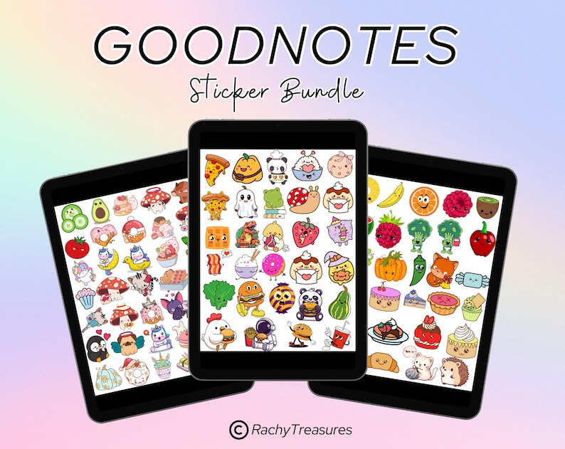 May include: Three black tablets displaying a sticker bundle for GoodNotes. The stickers feature colorful illustrations of food, animals, and other cute designs. The text "GOODNOTES Sticker Bundle" is at the top. The copyright symbol and "RachyTreasures" are at the bottom.