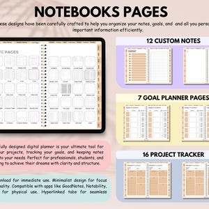 May include: A digital planner displayed on a tablet, showcasing various note pages, goal planner pages, and project tracker layouts. The design includes 12 custom notes, 7 goal planner pages, and 16 project trackers. The planner is designed for digital use.