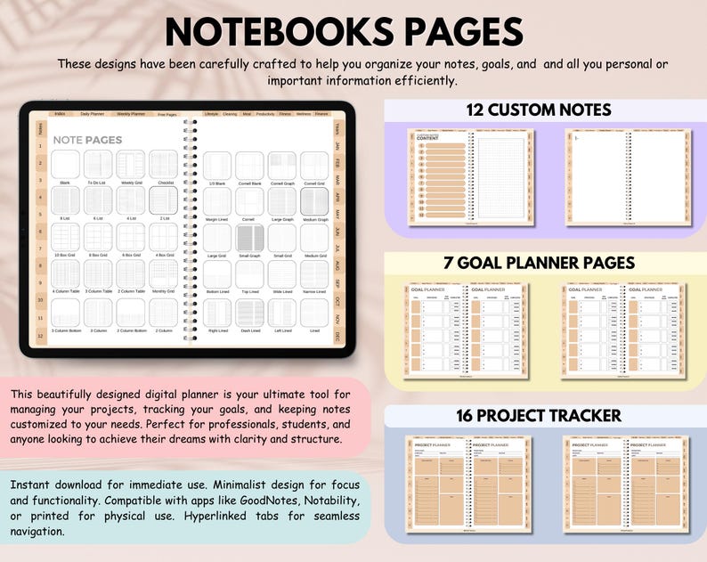 May include: A digital planner displayed on a tablet, showcasing various note pages, goal planner pages, and project tracker layouts. The design includes 12 custom notes, 7 goal planner pages, and 16 project trackers. The planner is designed for digital use.