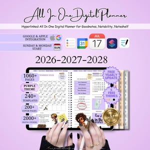 Puede incluir: Un planificador digital con el texto "All In One Digital Planner" y "2026-2028". Incluye integraci&oacute;n con Google y Apple, m&aacute;s de 1060 p&aacute;ginas, un tema p&uacute;rpura, m&aacute;s de 240 plantillas y m&aacute;s de 2000 pegatinas digitales. Dise&ntilde;ado para Goodnotes, Notability y Noteshelf.