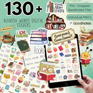 130 + Pacchetto adesivi digitali Bookish Word, adesivi digitali Bookworm, pacchetto di sublimazione di libri, clipart per amanti dei libri, lettura di Goodnotes PNG