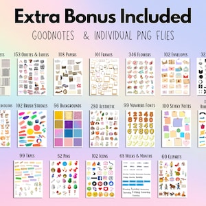 May include: Digital planner extras, including widgets, quotes, papers, frames, flowers, envelopes, and elements. Also includes watercolors, brush strokes, backgrounds, aesthetic elements, number fonts, sticky notes, ribbons, tapes, pins, icons, weeks, months, and cliparts. Text reads: Extra Bonus Included.
