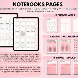 May include: Digital planner with various page layouts, including note pages, custom notes, saving challenge pages, and a project tracker. The planner is designed for efficient organization and goal tracking, with a minimalist design.