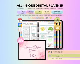All-in-One Digital Planner 2026 2027 2028, Hyperlink Digital Planner, Daily Weekly Monthly Journal, Goodnotes Planner, Apple Google Calendar