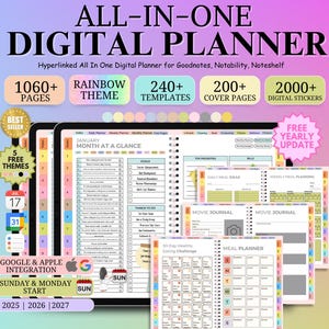 May include: Digital planner with a rainbow theme, featuring 1060+ pages, 240+ templates, and 200+ cover pages. Includes 2000+ digital stickers. The planner integrates with Google and Apple, and offers free yearly updates.