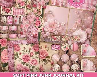 Zart rosa Junk Journal Kit, rosa Rose Ephemera, Blumen, Tags, Umschlag, Vintage Rosen Journal Papier, pingelige Blumenschnitte, Blumen Printable Kit