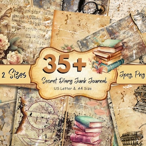 35 + Sekretny dziennik Junk Journal Pages, Papier do dziennika Vintage, Papier do scrapbookingu z książek bibliotecznych, Papier do dziennika do druku, Papier do dziennika Junk
