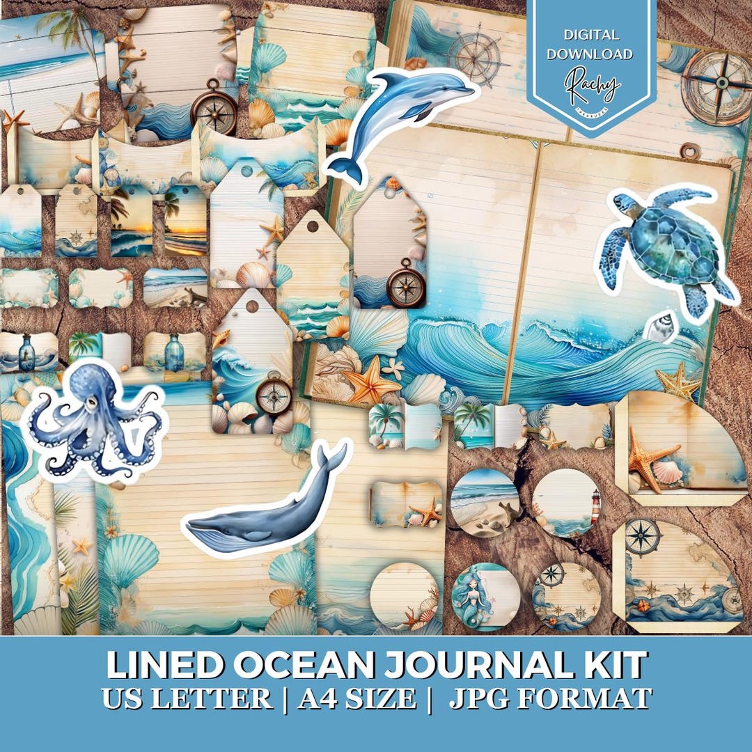 Vintage Lined Ocean Junk Journal Kit, Marin Printable Ephemera ...