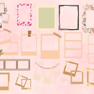 May include: A selection of photo frames and film strips in brown, beige, and pink hues. Some frames feature floral designs, while others have simple borders or are taped to the background. The backdrop is a soft pink watercolour wash.