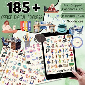 以下が含まれることがあります： Goodnotes 用のデジタルステッカーパックで、185種類以上のオフィスをテーマにしたステッカーが含まれています。ステッカーには、オフィス用品、仕事をしている人、オフィス関連のフレーズのイラストが含まれています。ステッカーはさまざまな色とスタイルで提供されています。