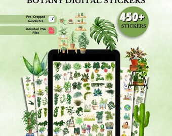 May include: Digital stickers featuring botanical illustrations of various plants, including succulents, cacti, and potted greenery. The image includes the text "Botany Digital Stickers" and "450+ Stickers". The stickers are designed for use with Goodnotes and as individual PNG files.