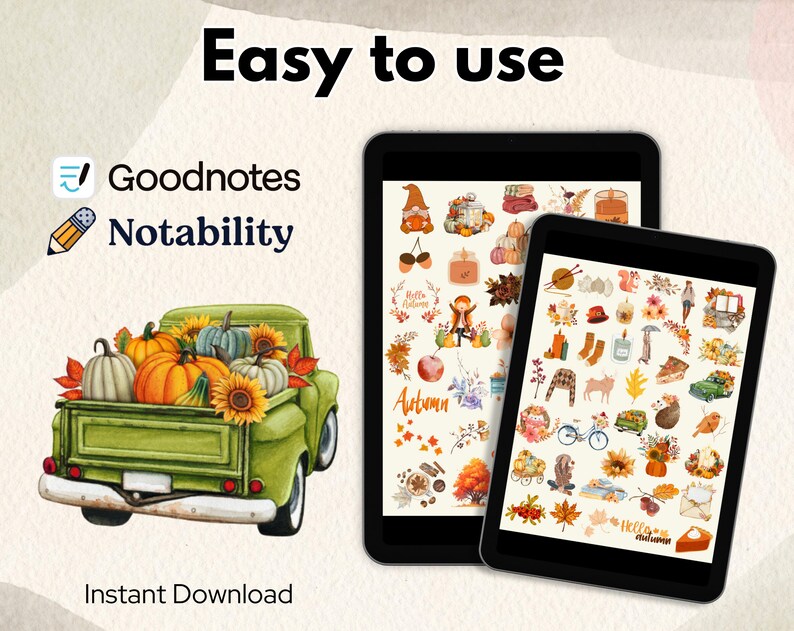 Puede incluir: Pegatinas digitales para las aplicaciones Goodnotes y Notability. La imagen muestra dos tabletas que muestran pegatinas digitales con tem&aacute;tica oto&ntilde;al. A la izquierda hay una camioneta verde llena de calabazas y girasoles. El texto dice "F&aacute;cil de usar" y "Descarga instant&aacute;nea."