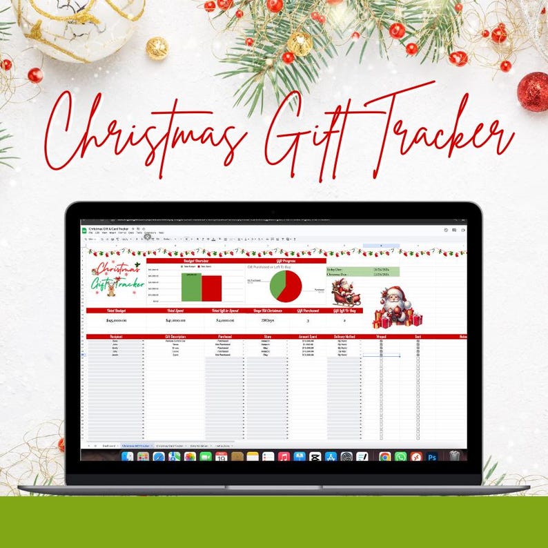 May include: A laptop computer screen displaying a Christmas gift tracker spreadsheet with a red and green color scheme. The spreadsheet includes sections for gift recipient, description, price, store, days to buy, gift purchased, delivery method, and notes. The spreadsheet also includes a pie chart and bar graph.