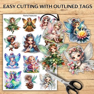 May include: A sheet of fairy stickers with outlined tags for easy cutting. The stickers feature various colorful fairy illustrations with floral accents and wings. The text "EASY CUTTING WITH OUTLINED TAGS" is at the top.