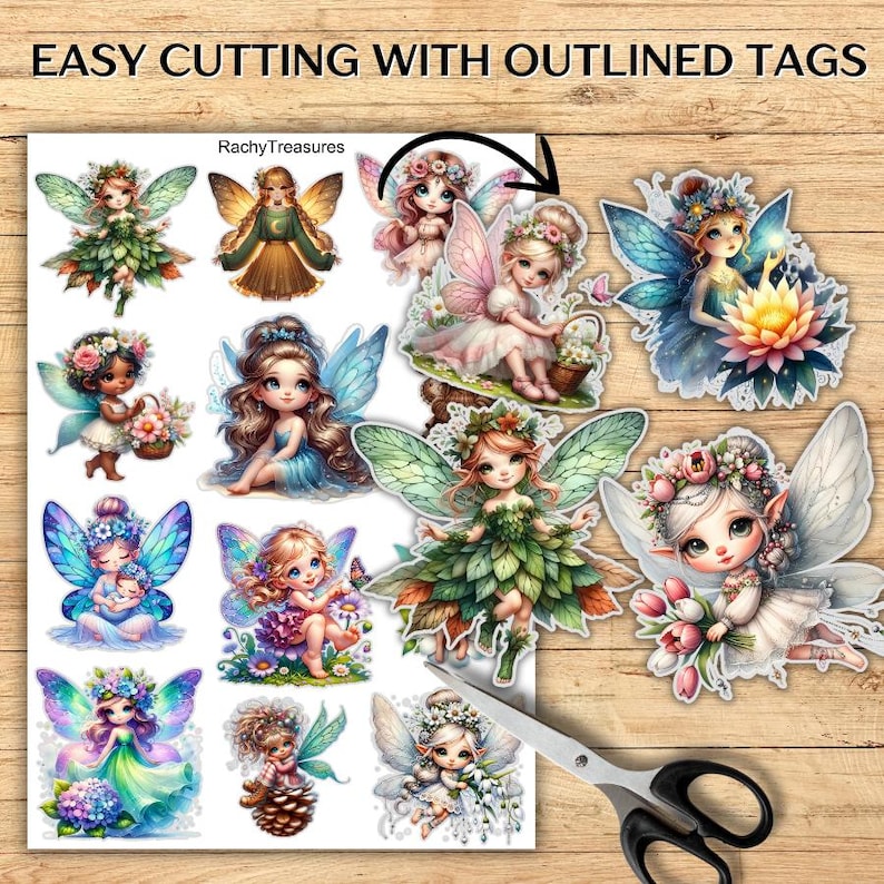 May include: A sheet of fairy stickers with outlined tags for easy cutting. The stickers feature various colorful fairy illustrations with floral accents and wings. The text "EASY CUTTING WITH OUTLINED TAGS" is at the top.