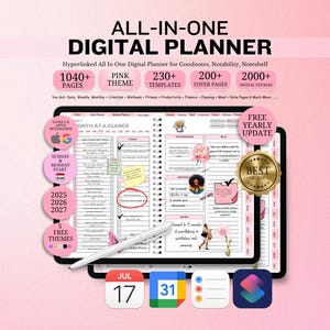 以下が含まれることがあります： 1040ページ以上、230以上のテンプレート、2000以上のデジタルステッカーを備えた、ピンクをテーマにしたデジタルプランナー。 GoogleとAppleの統合が含まれており、無料の年間アップデートを提供しています。 画像のテキストは「ALL-IN-ONE DIGITAL PLANNER」です。