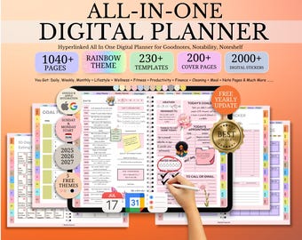 May include: Digital planner with a rainbow theme, featuring over 1040 pages, 230+ templates, and 200+ cover pages. Includes digital stickers and integration with Google and Apple. The planner is designed for daily, weekly, and monthly use.