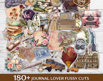 180 + Journal Lover Fussy Cuts, Books, Home Office, Happy Mail, Junk Journal Supplies, Printable Fussy Cuts, Junk Journal Lover Supplies Kit
