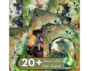 Más de 20 papeles digitales de bruja verde, papel herbario, páginas imprimibles para diario basura, efímeras vintage de brujas, efímeras de brujería